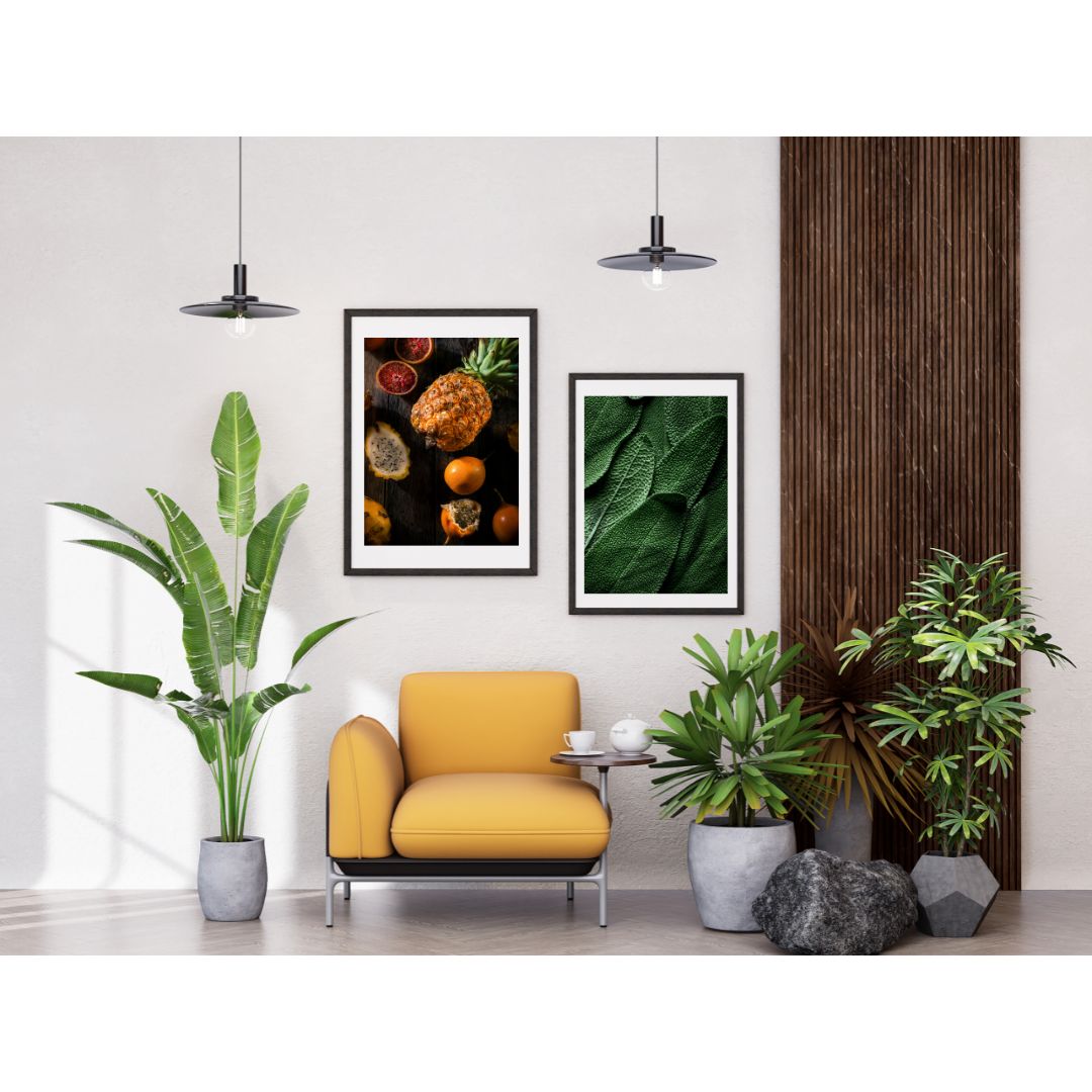 green leaves poster and tropical fruit poster, wall art by spiceupsoul
